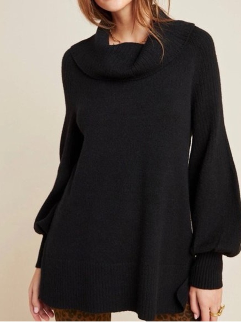 Anthropologie Black Cowl-Neck Balloon-Sleeve Sweater XS